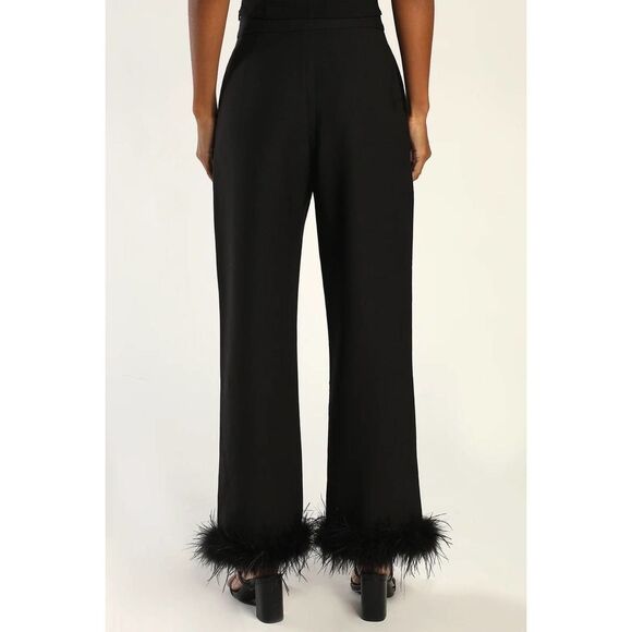 Lulu’s NWT Black Feather Trimmed Straight Leg Pants Size M - Picture 4 of 10